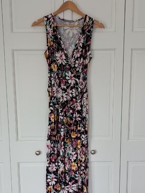 Loveappella Black Floral Wrap Maxi Dress with Pink & Yellow Blooms